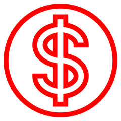 Dollar currency sign symbol - red simple outline inside of circle, isolated - vector