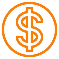 Dollar currency sign symbol - orange simple outline inside of circle, isolated - vector