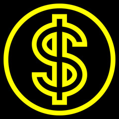 Dollar currency sign symbol - yellow simple outline inside of circle, isolated - vector