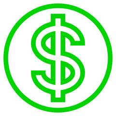Dollar currency sign symbol - green simple outline inside of circle, isolated - vector