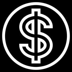 Dollar currency sign symbol - white simple outline inside of circle, isolated - vector