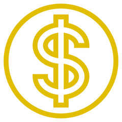 Dollar currency sign symbol - golden simple outline inside of circle, isolated - vector