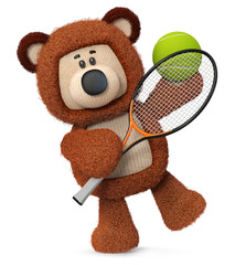 3d illustration funny brown bear playing tennis/3d illustration fluffy bear with tennis racket and ball