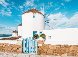 The white windmills of Mykonos Island, Kato Mili close to Little Venice, Cyclades, Greece - obrazy, fototapety, plakaty