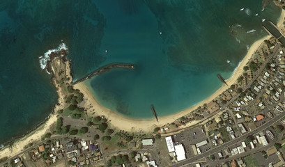 Pacific coast and infrastructure of Honolulu Hawaii USA from the height of the drone flight
