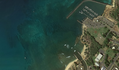 Pacific coast and infrastructure of Honolulu Hawaii USA from the height of the drone flight
