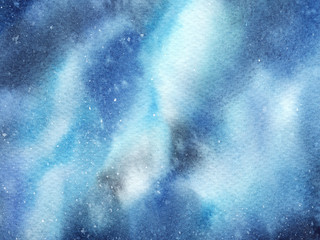 Hand painted abstract Watercolor Wet turquoise Outer space and stars Background with stains.