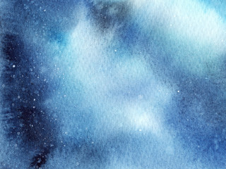 Hand painted abstract Watercolor Wet turquoise Outer space and stars Background with stains.