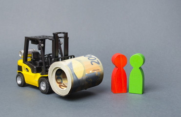 Yellow Forklift truck carries a large bundle of Euros, a customer and seller. Investments,...
