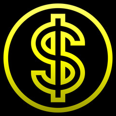 Dollar currency sign symbol - yellow simple outline inside of circle gradient, isolated - vector