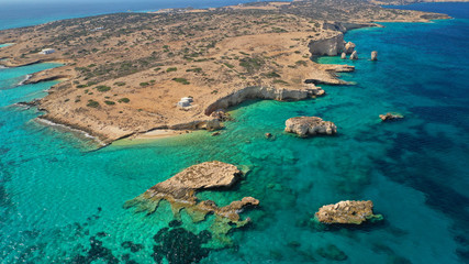 Aerial drone photo of tropical exotic white rock secluded rocky bay with turquoise sea