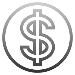 Dollar currency sign symbol - medium medium gray-silver-metal simple outline inside of circle gradient, isolated - vector