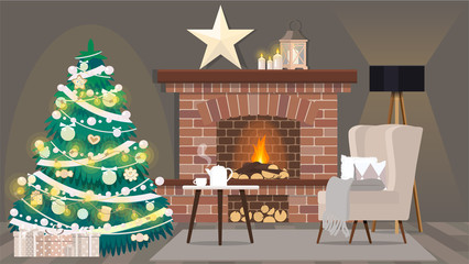 Cozy living room with fireplace, armchair and Christmas decorations.