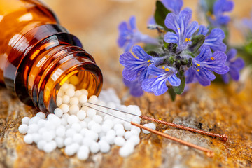 Obraz na płótnie Canvas Alternativmedizin und Naturmedizin mit Homeopathischen Globulis und Akupunktur
