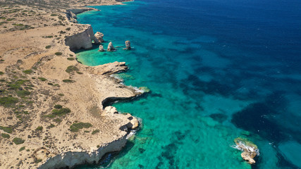 Fototapeta na wymiar Aerial drone photo of secluded paradise beach of Kasteli in North area of Kato Koufonissi island, Koufonissia, Small Cyclades, Greece