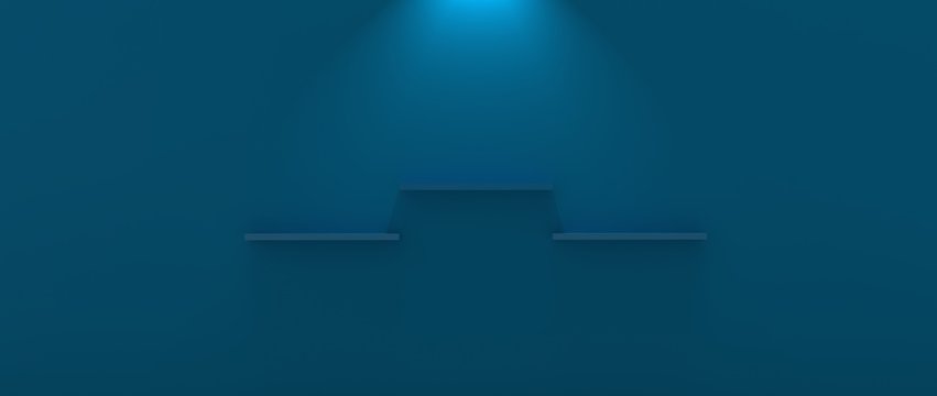 Dise&ntilde;o de repisa tridimensional con iluminaci&oacute;n y diferentes niveles. Fondo con materiales pl&aacute;sticos, madera, met&aacute;licos y mosaicos de piedras y m&aacute;rmol. Fondo 3d con luces y sombras