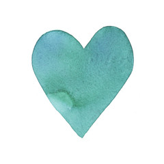 Hand painted abstract Watercolor Wet turquoise and blue heart isolated on white background.