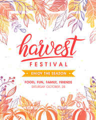 Autumn harvest festival poster with harvest symbols, leaves and floral elements in fall colors.Harvest fest design perfect for prints,flyers,banners,invitations and more.Vector autumn illustration.