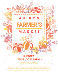Autumn fermers market banner with leaves and floral elements in fall colors.Local food fest design perfect for prints,flyers,banners,invitations.Fall harvest festival.Vector autumn illustration.