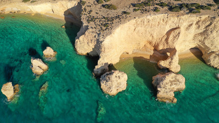 Aerial drone photo of secluded paradise beach of Kasteli in North area of Kato Koufonissi island,...