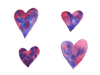 Valentine's day heart set. Watercolor pink, red and blue color heart isolated on white background.
