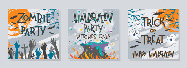 Bundle of Halloween posters with zombie hands,ghosts,witch cauldron and flying bats.Halloween design perfect for prints,flyers,banners invitations,greetings.Vector Halloween illustrations.