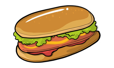 American hot dog with mustard and ketchup, cartoon drawn on white background. Vector illustration