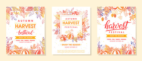 Autumn harvest festival banners with harvest symbols, leaves and floral elements in fall colors.Harvest fest design perfect for prints,flyers,banners,invitations and more.Vector autumn illustration. - obrazy, fototapety, plakaty