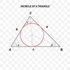 Incircle of a triangle. Mathematical formula and construction. Line design. Vector illustration isolated on transparent background