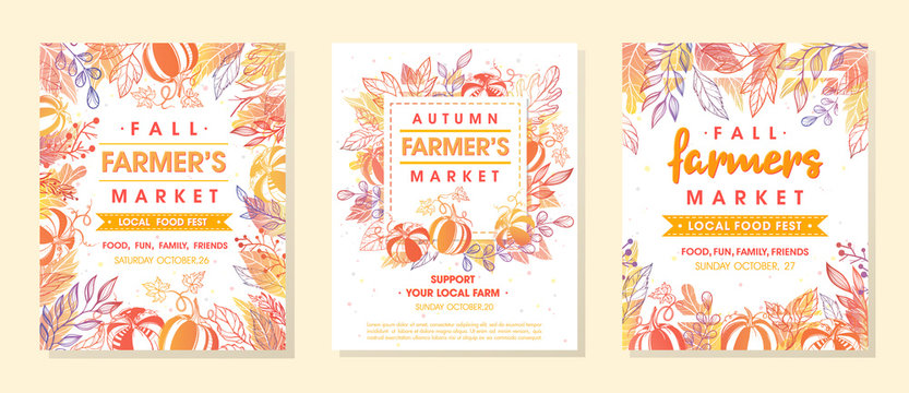 Set Of Autumn Fermers Market Banners With Leaves And Floral Elements.Local Food Fest Design Perfect For Prints,flyers,banners,invitations.Fall Harvest Festival.Vector Autumn Illustrations.