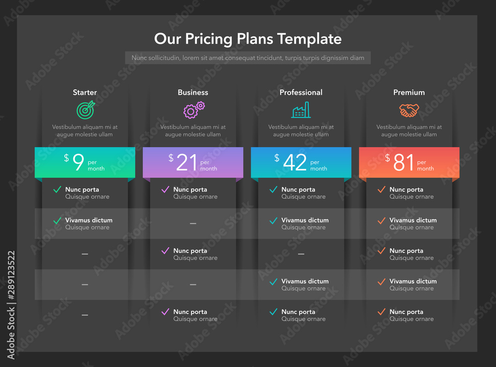 Leinwandbilder modern pricing comparison table with various subscription plans - dark version. flat infographic des