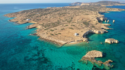 Aerial drone photo of secluded paradise beach of Kasteli in North area of Kato Koufonissi island,...