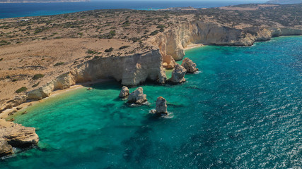 Aerial drone photo of secluded paradise beach of Kasteli in North area of Kato Koufonissi island,...