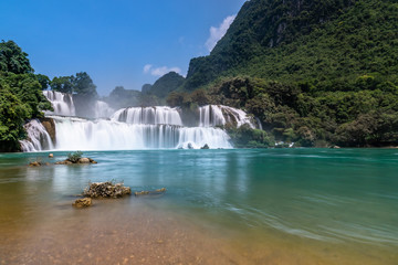 Bangioc / ban gioc or Detian waterfall in Cao bang, north Vietnam. These falls form the natural border between Vietnam and China. Slow shutterspeed silky smooth waterfalls.