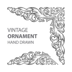 Fototapeta premium Vintage baroque victorian corner ornament. Hand drawn retro style floral scroll frame ornament. Part of set.