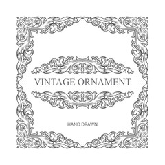 Vintage baroque victorian frame and design elements. Hand drawn retro style floral scroll frame ornament. Part of set.