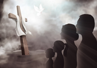 Family looking at the cross. Christian people. Profile silhouette with crucifix on a dark background. Prayer of believers. Lord worship. Dove Holy Spirit. Sacrifice to the cross