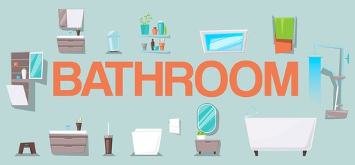 Bathroom interior design with toilet and bathtub, vector illustration. Modern bathroom background with lavatory and washbowl. Bathroom interior icons and objects set.