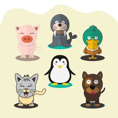 Cute animal vector with dog, pig, cat, duck, penguin and seals