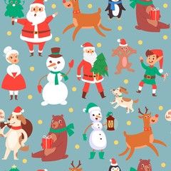 Christmas characters seamless pattern vector illustration. Christmas deer, santa claus, snowman and elf with penguin. Childish background for fabric, wrapping paper.