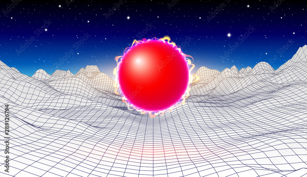 Poster 80s synthwave styled landscape with red power or plasma ball and grid mountains on arcade planet