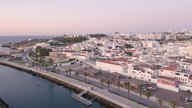 Aerial view of central part and marina of Lagos, Algarve, Portugal at morning