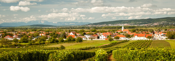 Village of Oslip with capital Eisenstadt and Leithagebirge in Burgenland Austria - obrazy, fototapety, plakaty