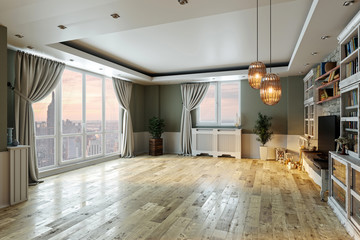 empty interior design living room. balcony with large windows. Scandinavian style. TV unit and library. 3D rendering