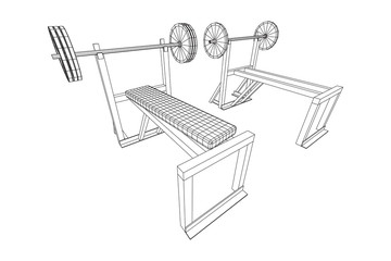 Barbell with weights. Gym equipment. Bodybuilding, powerlifting, fitness concept. Wireframe low poly mesh vector illustration.