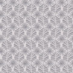 A seamless vector pattern with simple leaves and flowers in grey colors. Surface print design.