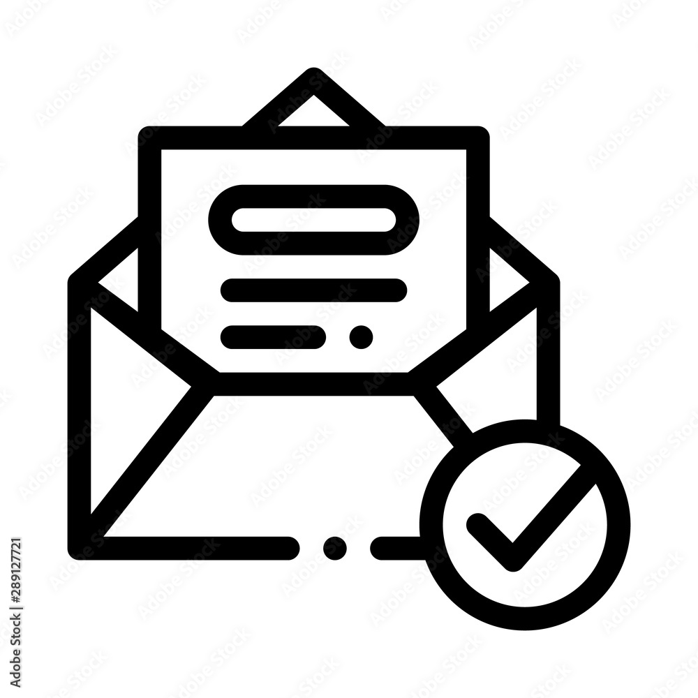 Poster envelope message list and approved mark vector icon thin line. approved sign on document file, compu