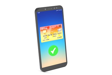 3d illustration: The technology of wireless payment of purchases PayPass. Orange credit card on mobile phone screen with a green checkmark confirming the transfer.  Isolated on white background.