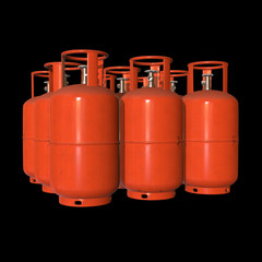 Gas cylinder lpg tank gas-bottle. Propane gas-cylinder balloon. Cylindrical container with liquefied compressed gases with high pressure and valves 3d render on black background