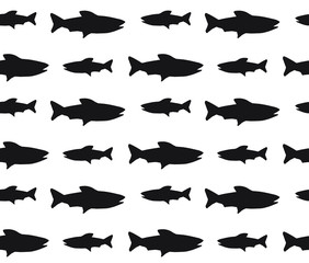 Vector seamless pattern of black fish silhouette isolated on white background
